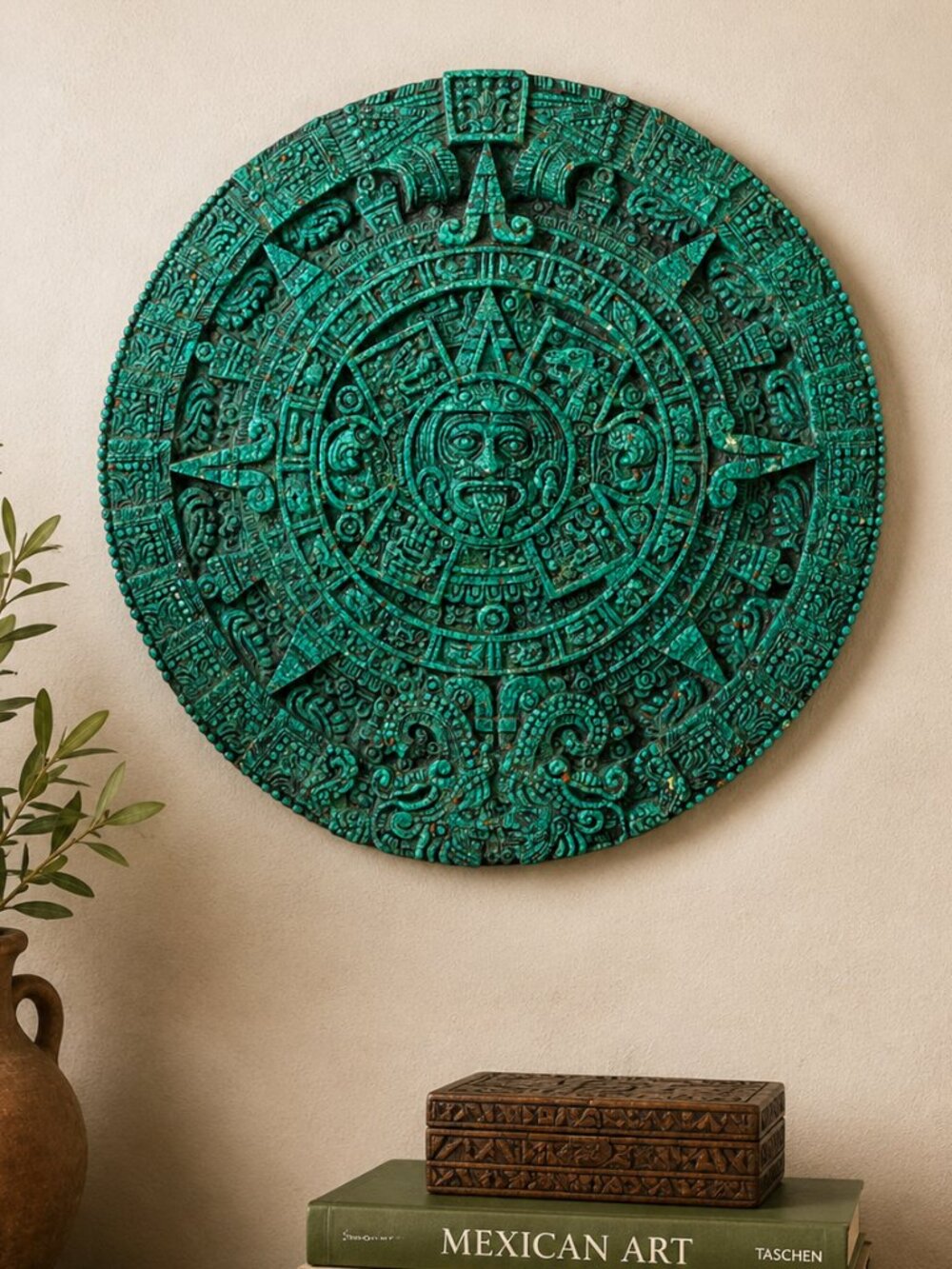 Mayan Aztec Sun Calendar Malachite Green Crushed Stone Mexican Wall Art 11.75”
